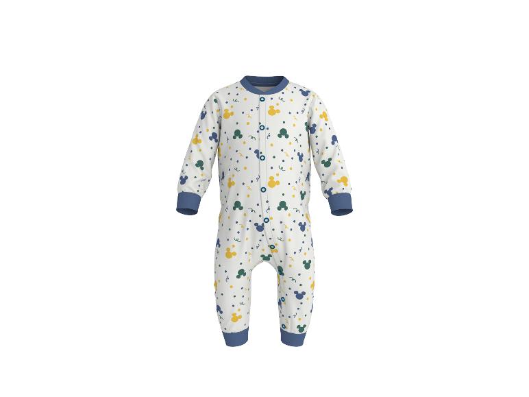 Witte baby romper met kleurrijke Mickey Mouse hoofdpatronen en blauwe manchetten