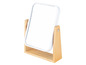 Een witte make-upspiegel met een houten standaard.