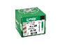 Groene doos met schroeven en pluggen, met productdetails en afmetingen.