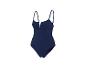 Donkerblauw badpak uit één stuk met V-hals en dunne bandjes.