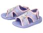 Paarse kindersandalen met prinses- en sneeuwvlokmotieven.