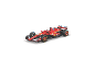 Een rode Formule 1-raceauto met diverse sponsorlogo's, vanuit een verhoogde hoek bekeken.