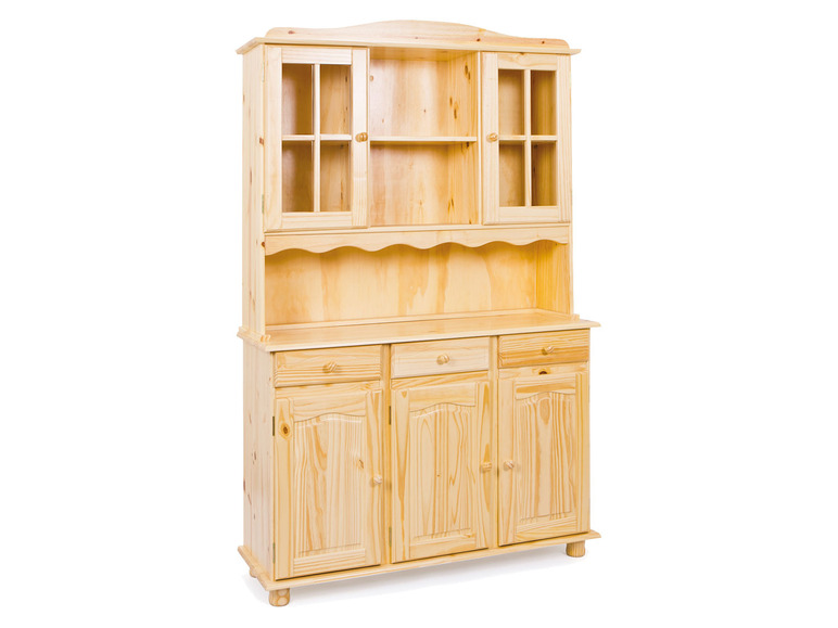 Een houten dressoir met glazen deuren en laden