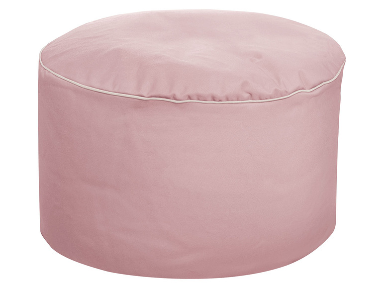 Een roze ronde poef met een witte rand.