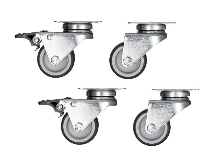 Vier metalen zwenkwielen met rem.