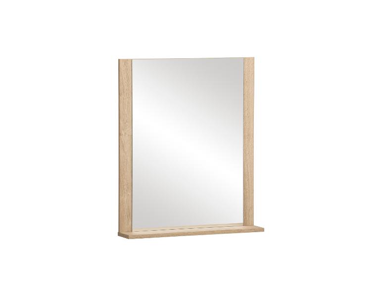 Rechthoekige spiegel met een licht houten frame en een kleine plank eronder.