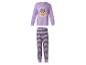 Paarse kinderpyjama met Halloween-thema, met kat, pompoen en tekst 'Happy Meoween'.