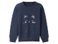 Donkerblauwe kindertrui met kattenborduursel.