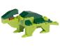 Groene speelgoeddinosaurus gemaakt van bouwblokken, met licht- en donkergroene details.
