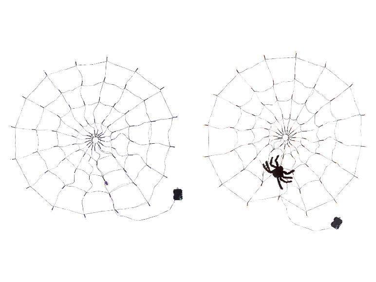 Twee verlichte spinnenwebben, één met een grote spin, voor Halloween decoraties.