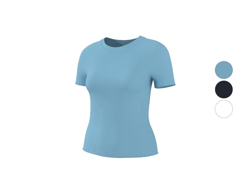 Blauw geribbeld T-shirt met korte mouwen voor dames op paspop, met kleuropties