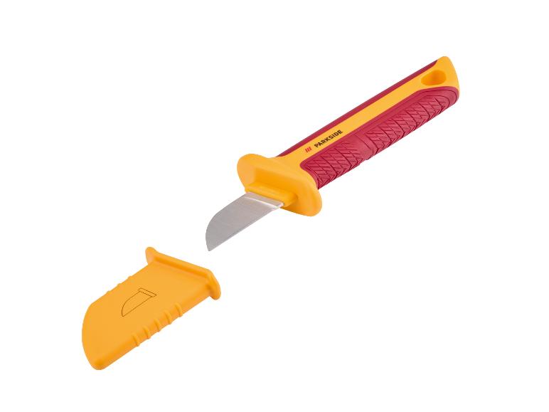 PARKSIDE elektriciensmes met gebogen lemmet en geel-rood handvat, met beschermkap