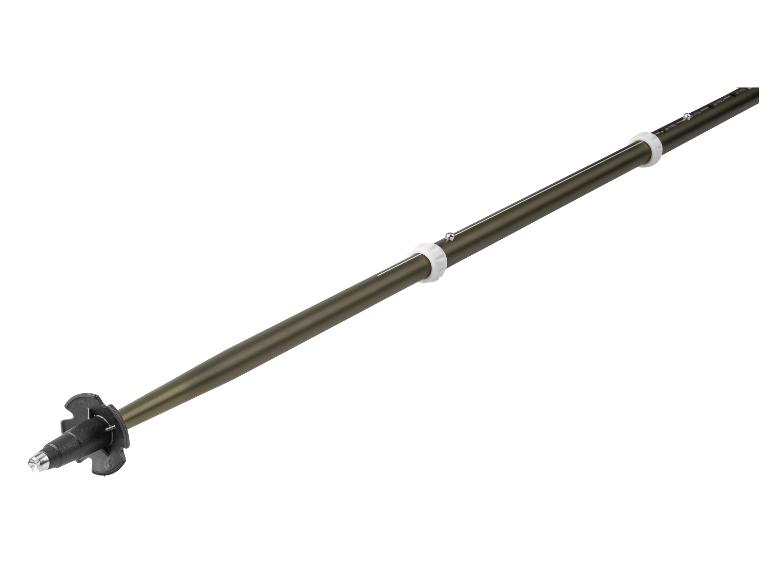 Groene telescopische wandelstok met zwarte punt en teller.