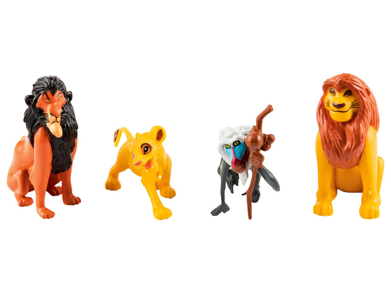 Speelgoedfiguren van Simba, Scar, Rafiki en Mufasa uit De Leeuwenkoning.