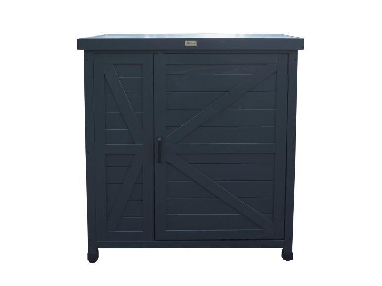 Donkergrijze Habau buitenopbergkast met schuurdeuren.