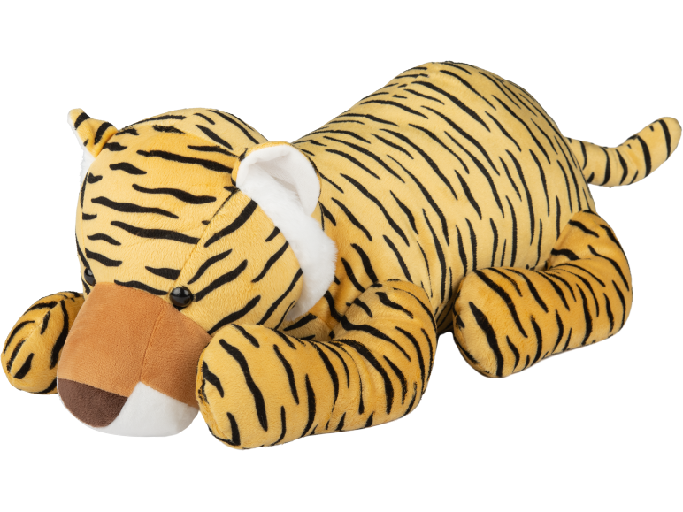 Liggende pluche tijger met geel en zwart gestreept patroon.