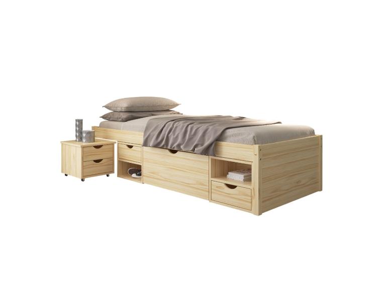 Grenen houten bed met opberglades en bijpassend nachtkastje.