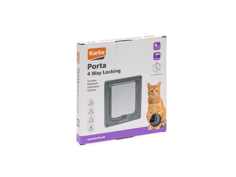 Kattenluikdoos met een kat, toont 4-weg vergrendeling en winddichte eigenschappen.