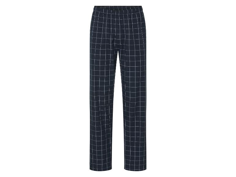 Donkerblauwe geruite broek.