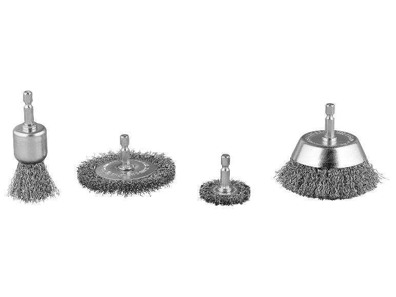Set van vier draadborstels voor boormachines in verschillende vormen en maten.