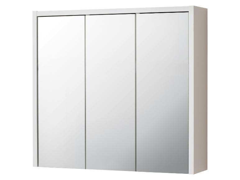 Witte badkamerkast met drie spiegeldeuren, vooraanzicht.
