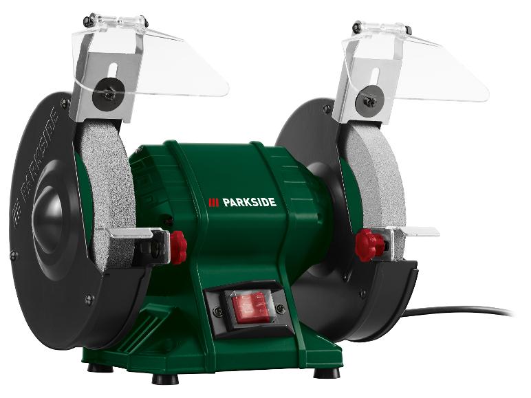 Groene Parkside slijpmachine met twee slijpschijven en transparante beschermkappen.