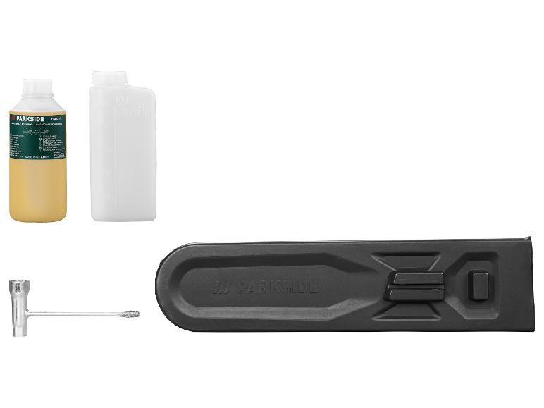 Parkside accessoires: kettingolie, reservoir en sleutel.