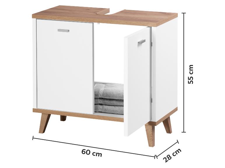 Witte en houten badkameronderkast met twee deuren en gestapelde handdoeken.