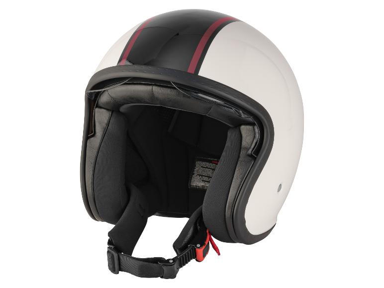 Witte motorhelm met zwarte en rode streep