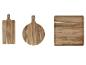Drie houten snijplanken: rechthoekig met handvat, rond met handvat en vierkant.
