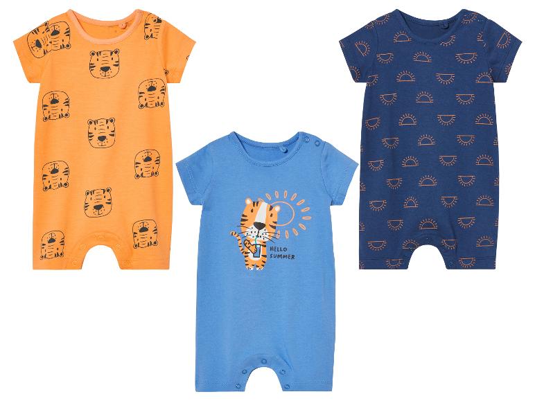 Drie baby rompertjes: tijgers, zonnetjes, zomerse printjes.