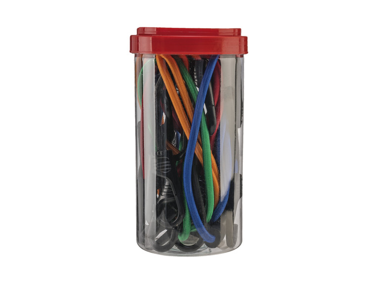 Een glazen pot met diverse elastische koorden en haken.