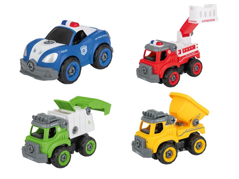 Vier speelgoedvoertuigen: een blauwe politieauto, een rode brandweerwagen, een groene vuilniswagen en een gele kiepwagen.
