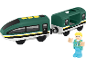 Groene speelgoedtrein met wagon en poppetje