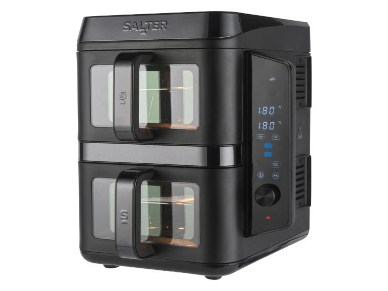 Dubbele Salter friteuse: zwart apparaat met twee manden, digitaal display.