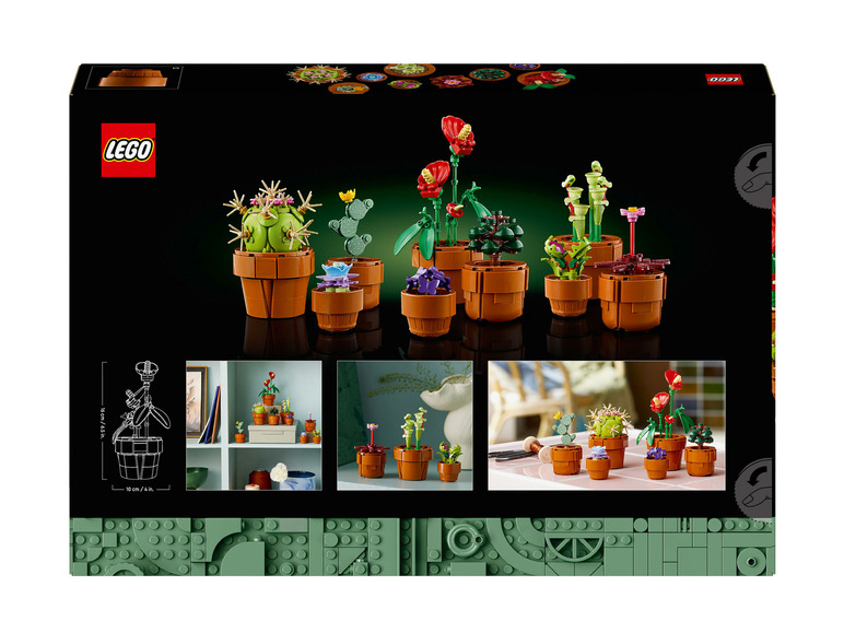 Lego doos met verschillende plantensoorten, waaronder een cactus en een vleesetende plant.