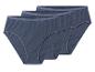 Drie paar donkerblauwe katoenen slips, diagonaal gestapeld.