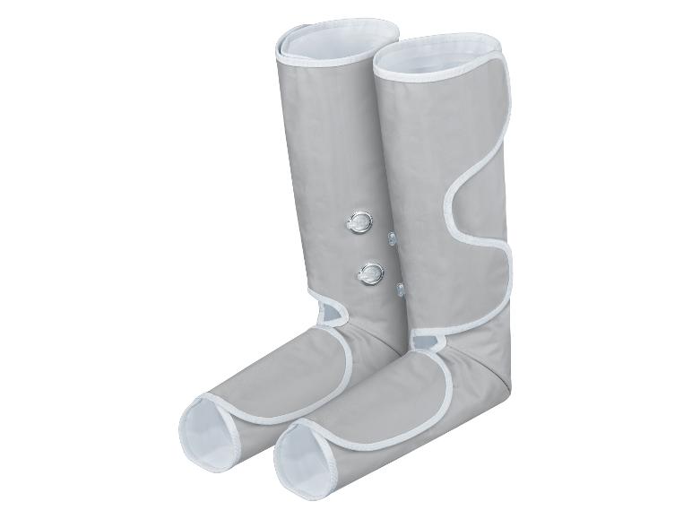 Grijze beenmassage laarzen met witte bies, schuin van voren gezien.