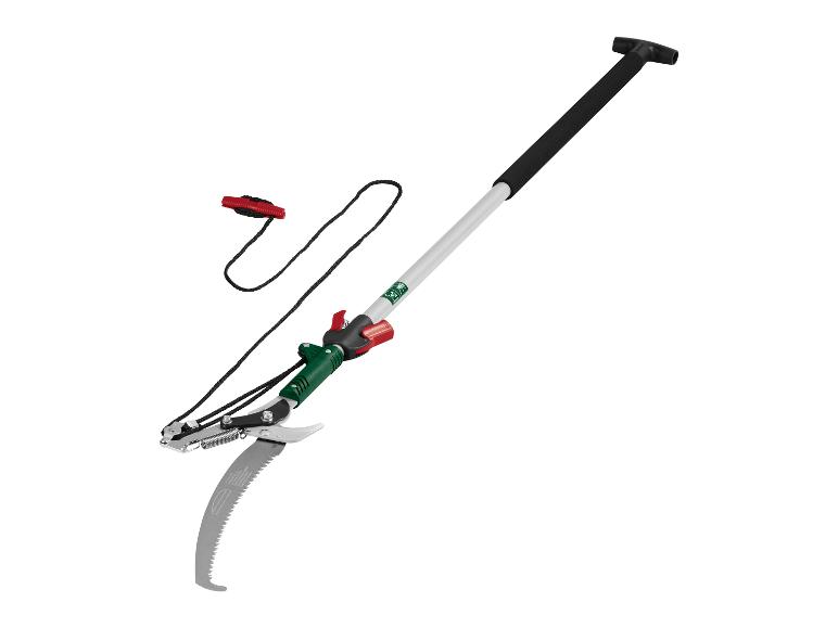Telescopische takkenschaar met zaag en snoeimechanisme, zwarte handgreep en rood koord.