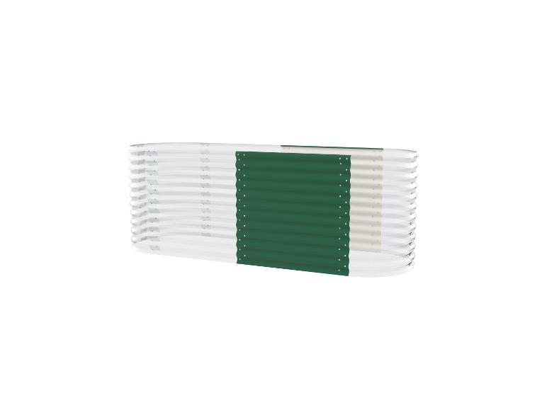 Groen en wit verhoogd tuinbed van golfplaat.