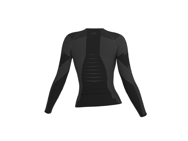 Zwart sportief thermoshirt met lange mouwen en grijze geometrische patronen.