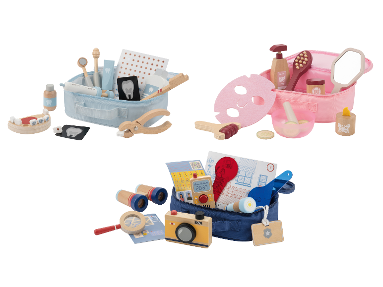 Drie speelsets: een tandartsset, een beauty-/spaset en een detectiveset.