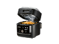 Heteluchtfriteuse met frietjes, toont kookmodi zoals Hot Air Fry en Steam Air Fry.