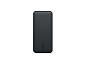 Zwarte powerbank met afgeronde randen en een logo onderaan.