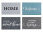Vier deurmatten met de teksten 'HOME', 'welcome', 'HOME sweet home' en 'welcome to our home'