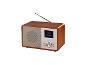 Houten retrostijl radio met digitaal display en telescopische antenne.