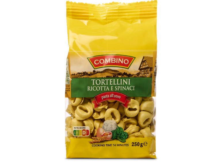 Gele verpakking tortellini met ricotta en spinazie, met Nutri-Score A.