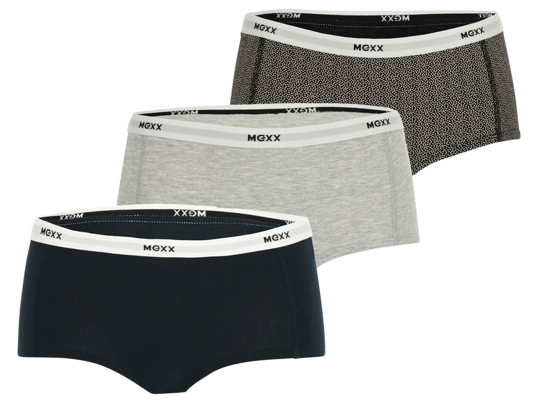 Drie paar boxershorts van het merk Mexx in de kleuren grijs, donkerblauw en zwart met witte stippen.