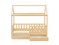 Een houten kinderbed met twee lades.