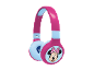 Roze en lichtblauwe kinderhoofdtelefoon met een tekenfilmfiguur.